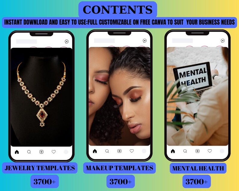 May include: Image showcasing three smartphone screens. The first displays a gold necklace with a red gemstone. The second features two women with makeup. The third shows a laptop with "MENTAL HEALTH" on the screen. Text includes "JEWELRY TEMPLATES", "MAKEUP TEMPLATES", and "MENTAL HEALTH".