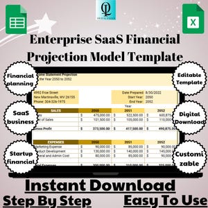 May include: A laptop computer screen displaying a spreadsheet with a financial projection model template for a SaaS business. The spreadsheet includes sections for sales, expenses, and profit. The template is customizable and includes a date prepared, start year, and end year. The text on the screen reads "Enterprise SaaS Financial Projection Model Template".