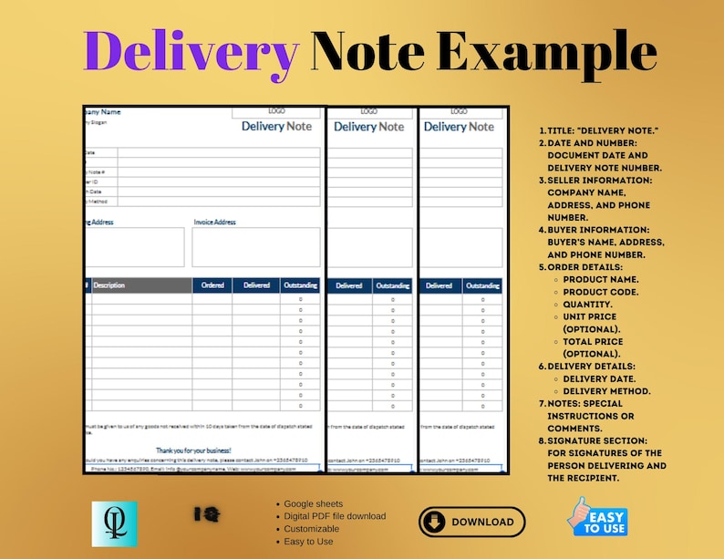 Delivery Note Template: Printable Business Shipping Form (PDF ...