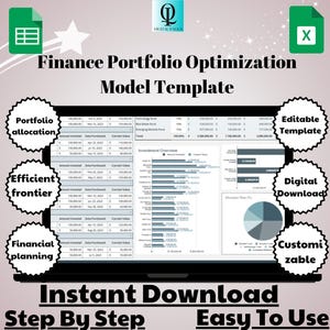Puede incluir: Una pantalla de ordenador que muestra una hoja de cálculo con un gráfico que muestra la asignación de cartera. La hoja de cálculo se titula "Modelo de plantilla de optimización de cartera financiera". La imagen también incluye iconos para Microsoft Excel y Google Sheets, y texto que dice "Descarga instantánea", "Paso a paso", "Fácil de usar", "Plantilla editable", "Descarga digital", "Personalizable", "Asignación de cartera", "Frontera eficiente", y "Planificación financiera".