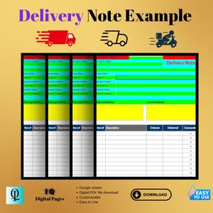 Może przedstawiać: Drukowany szablon noty dostawy w kolorze żółtym, zielonym i niebieskim. Szablon zawiera sekcje z informacjami o kliencie, szczegółami zamówienia i statusie dostawy. Tekst "Nota dostawy" znajduje się w górnej części szablonu.