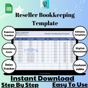May include: A digital download template for reseller bookkeeping. The template includes sections for expense tracker, inventory costs, and sales tracker. The template is customizable and easy to use.