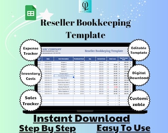May include: A digital download template for reseller bookkeeping. The template includes sections for expense tracker, inventory costs, and sales tracker. The template is customizable and easy to use.