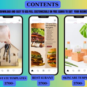 May include: A digital marketing graphic showcasing three smartphone screens. The first screen displays keys and a miniature house, labeled "REAL ESTATE TEMPLATES." The second screen shows a burger recipe, labeled "RESTAURANT." The third screen features skincare products, labeled "SKINCARE TEMPLATES."