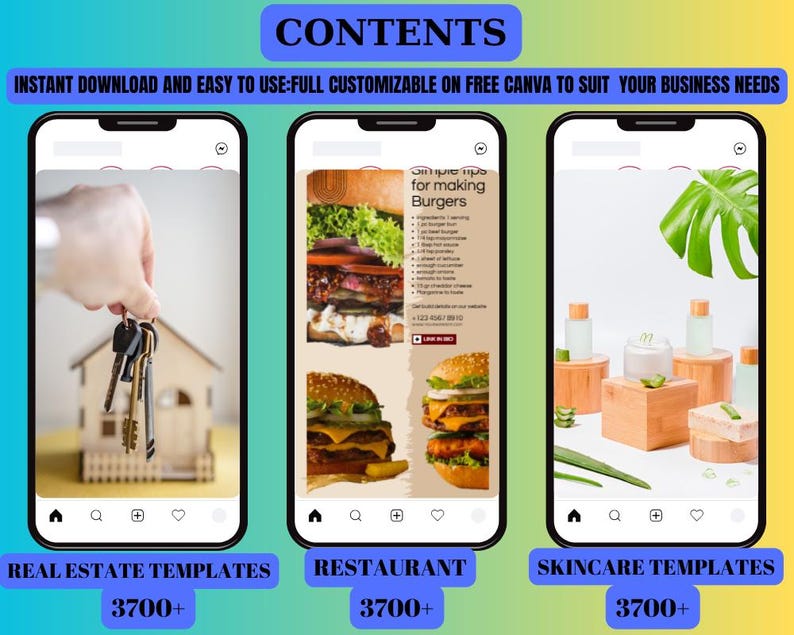 May include: A digital marketing graphic showcasing three smartphone screens. The first screen displays keys and a miniature house, labeled "REAL ESTATE TEMPLATES." The second screen shows a burger recipe, labeled "RESTAURANT." The third screen features skincare products, labeled "SKINCARE TEMPLATES."