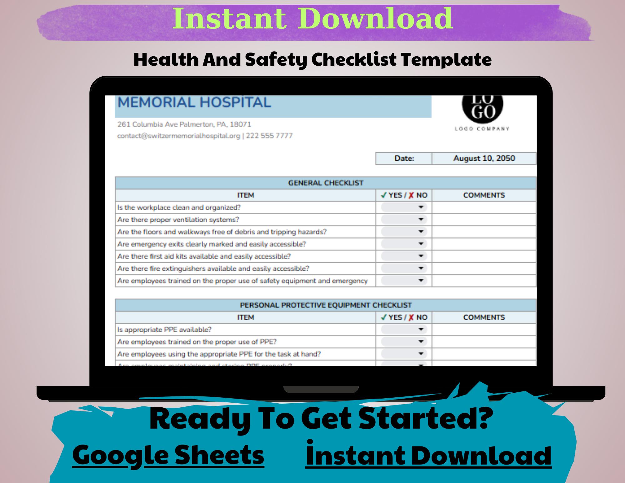 Health and Safety Checklist Template: Editable Google Sheets (digital ...