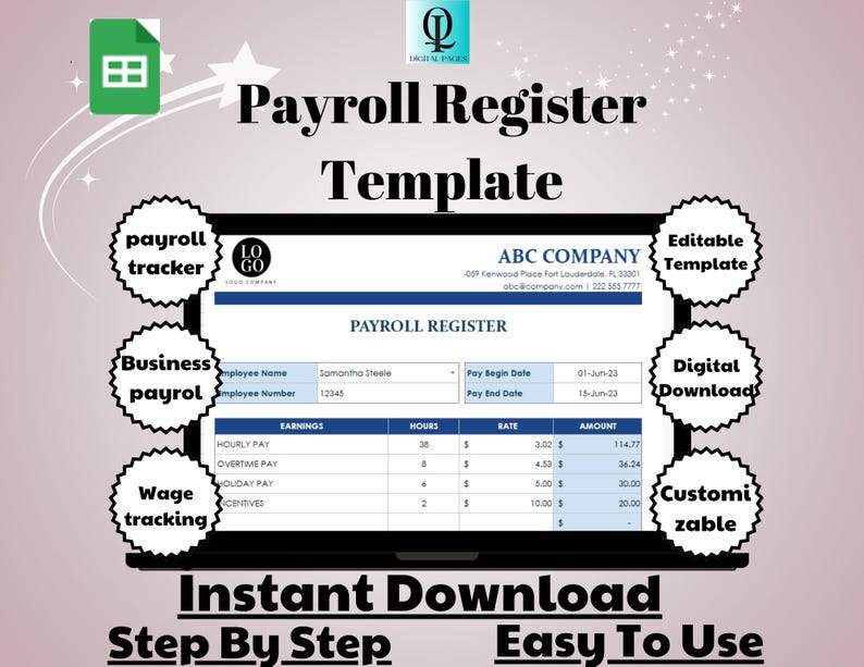 Payroll Register Template Editable Excel Google Sheets Employee