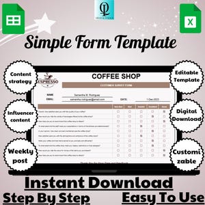 Könnte beinhalten: Eine digitale Download-Vorlage für ein Kundenfragebogen für ein Café. Das Formular enthält Fragen zur Atmosphäre des Cafés, zum Service und zu den Produkten. Die Vorlage ist anpassbar und einfach zu bedienen. Der Text auf dem Bild lautet "Kundenfragebogen für ein Café".