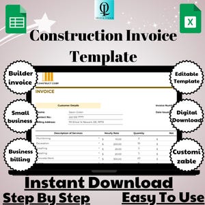 Op de afbeelding: Een digitale factuursjabloon voor de bouw, weergegeven op een laptopscherm. De sjabloon bevat velden voor klantgegevens, servicebeschrijvingen en prijzen. De afbeelding bevat ook tekst zoals "Direct downloaden" en "Gemakkelijk te gebruiken."