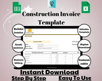 May include: A digital construction invoice template displayed on a laptop screen. The template includes fields for customer details, service descriptions, and pricing. The image also features text such as "Instant Download" and "Easy To Use."