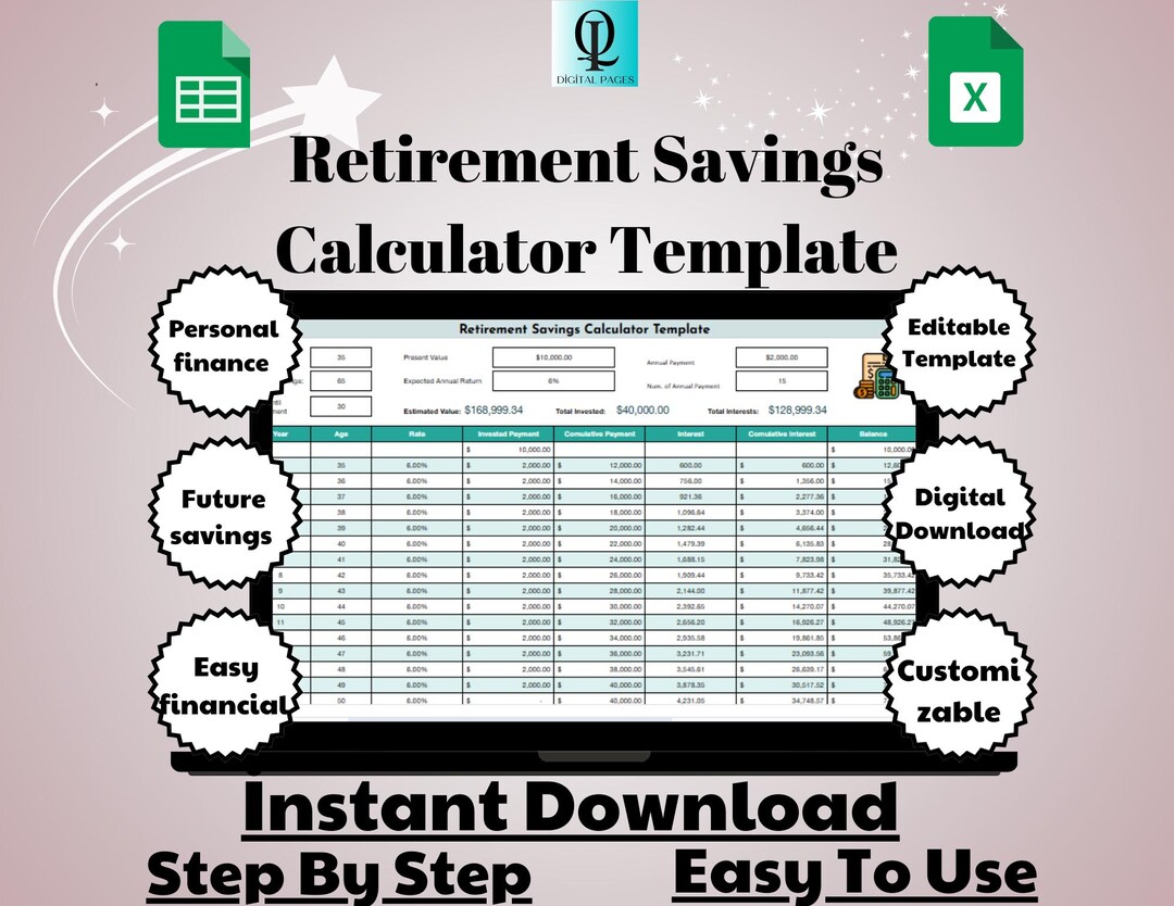 Retirement Savings Calculator Template, Editable Google Sheets, Digital ...