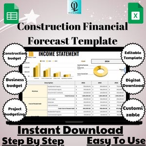 Puede incluir: Una plantilla de previsión financiera de la construcción descargable digitalmente. La plantilla incluye una cuenta de resultados, un presupuesto de construcción, un presupuesto empresarial y un presupuesto de proyecto. La plantilla es editable y personalizable. La imagen muestra la pantalla de un portátil con una hoja de cálculo y un diagrama circular.