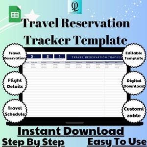 Op de afbeelding: Een digitaal downloadbare sjabloon voor een reisreserverings-tracker. De sjabloon is bewerkbaar en aanpasbaar. De afbeelding toont een laptopscherm met een spreadsheet-achtige tabel met koppen voor "Bestemming", "Accommodatie", "Vluchten", "Data", "Notities" en "Totale kosten".