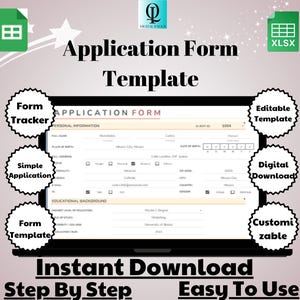 Può includere: Un modello di modulo di domanda scaricabile digitalmente. Il modello è personalizzabile e facile da usare. L'immagine mostra uno screenshot del modulo con il testo "Application Form" e "Instant Download" sullo schermo.