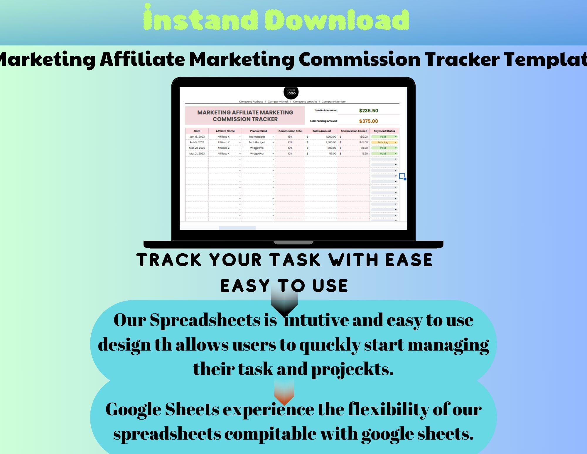 Marketing Affiliate Commission Tracker Template, Editable Google Sheets, Easy to Use Digital ...