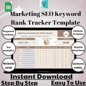 Puede incluir: Una plantilla digital para rastrear palabras clave de SEO. La plantilla incluye una hoja de cálculo con columnas para la palabra clave, la URL de destino, el rango actual y el volumen de búsqueda. La plantilla es personalizable e incluye un marcador de posición para el logotipo. El texto en la imagen dice "Plantilla de seguimiento de rango de palabras clave SEO de marketing", "Plantilla editable", "Descarga digital", "Personalizable", "Descarga instantánea", "Paso a paso" y "Fácil de usar".