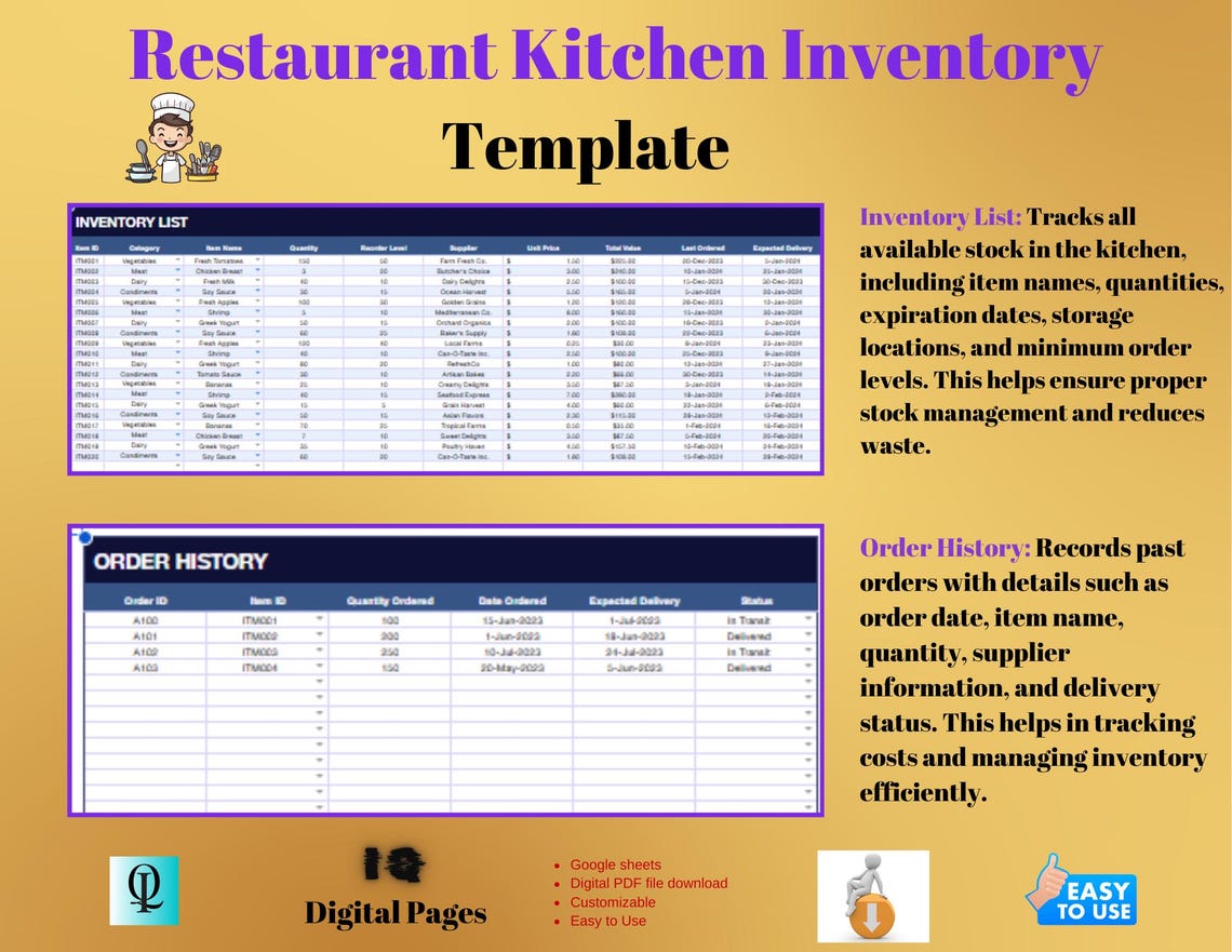 Caterease Intventory Templates Restaurant Kitchen Inventory Template: Editable Google Sheets (digital ...
