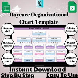May include: A digital download of a daycare organizational chart template. The template is in a light blue and pink color scheme and features a hierarchical organizational structure with boxes for names and titles. The template is editable and customizable. The image also includes the text "Daycare Organizational Chart Template", "Instant Download", "Step By Step", and "Easy To Use".