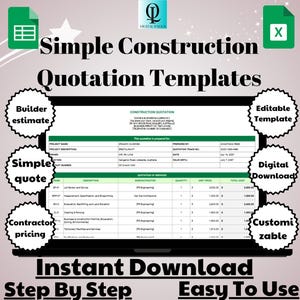 Puede incluir: Una descarga digital de plantillas de presupuesto de construcción. Las plantillas son personalizables y fáciles de usar. La imagen muestra la pantalla de una computadora portátil con una plantilla de muestra, junto con iconos que representan los diferentes tipos de plantillas disponibles: presupuesto del constructor, presupuesto simple, precios del contratista, plantilla editable, descarga digital y personalizable.
