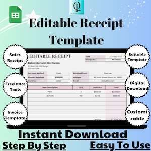 Editable Receipt Template, Google Sheets, Easy to Use Digital Download for Custom Business & Personal Receipts