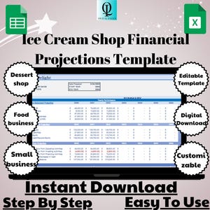 May include: A computer screen displaying a spreadsheet template for ice cream shop financial projections. The template is labelled "Ice Cream Shop Financial Projections Template" and includes sections for "Dessert Shop", "Food Business", and "Small Business". The template is available for instant download and is easy to use.