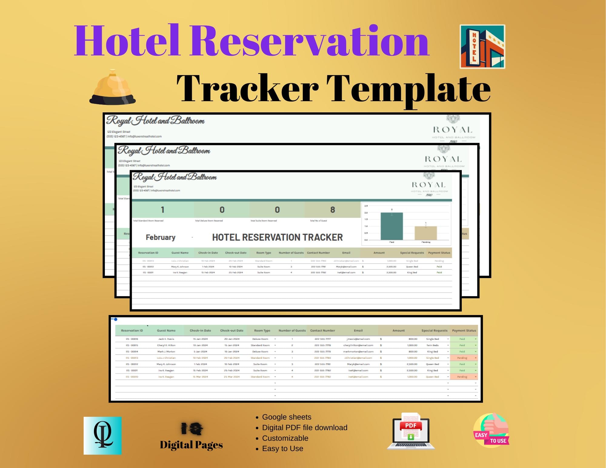Hotel Reservation Tracker Template, Editable Digital Download, Easy-to-Use Google Sheets for Booking Management