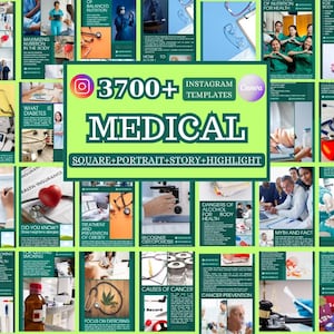 Plantillas para redes sociales médicas, paquete Canva para Instagram, diseños de publicaciones médicas editables, historias y destacados, marketing de atención médica