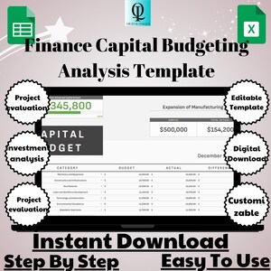 May include: A computer screen displaying a spreadsheet template for capital budgeting analysis. The template includes categories for budget, actual, and difference. The spreadsheet is titled "Capital Budget". The image also includes text that says "Finance Capital Budgeting Analysis Template", "Editable Template", "Digital Download", "Customizable", "Instant Download", "Step By Step", and "Easy To Use".