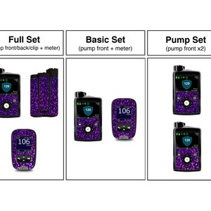 May include: Three different sets of insulin pump and meter skins. The skins are purple with a glittery pattern. The sets include a full set with pump front, back, clip, and meter, a basic set with pump front and meter, and a pump set with two pump fronts.