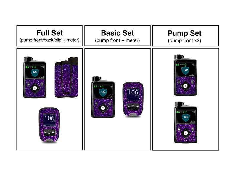May include: Three different sets of insulin pump and meter skins. The skins are purple with a glittery pattern. The sets include a full set with pump front, back, clip, and meter, a basic set with pump front and meter, and a pump set with two pump fronts.