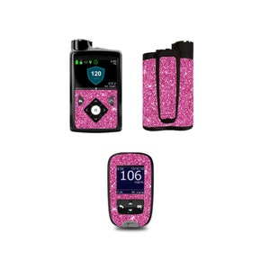 May include: Pink glitter skin for a medical device with a screen displaying "120" and "0.5 U Act Insulin". A second device with a screen displaying "106 mg/dL" is also shown.