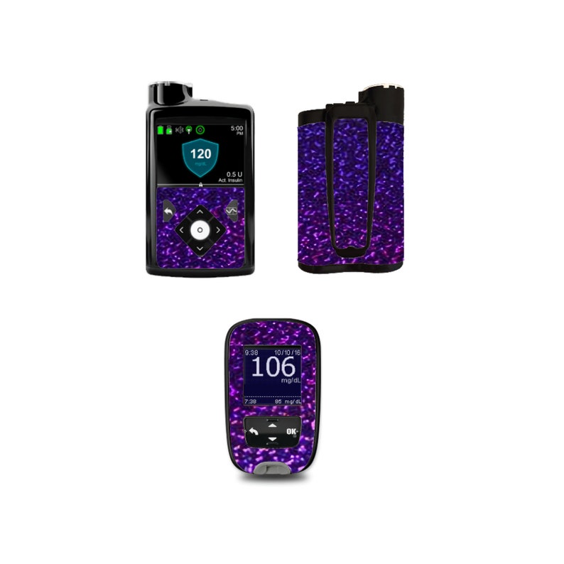 May include: Purple glitter skin for a diabetes monitor and a matching carrying case. The monitor screen shows a blood sugar reading of 120 mg/dL and 0.5 U of insulin. The carrying case has a zipper closure.