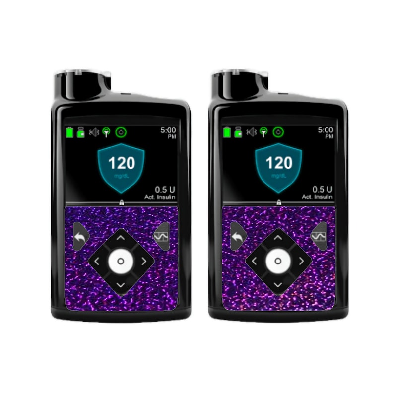 May include: Two black insulin pumps with a purple glitter design. The screen displays a blood sugar reading of 120 mg/dL and 0.5 U of insulin.