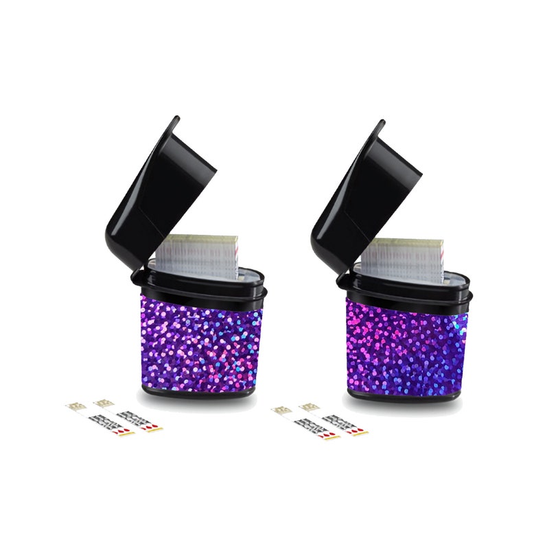 May include: Two black containers with glitter lids, each containing a stack of white test strips. The containers are decorated with a purple and pink glitter pattern.