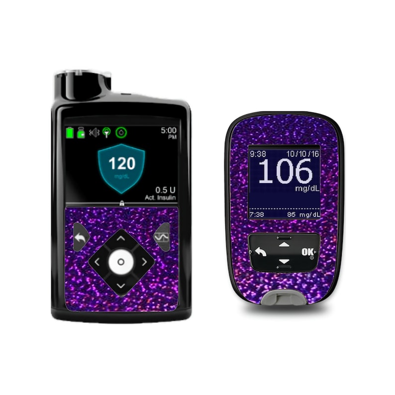 May include: Purple glitter skin for a blood glucose meter with a digital display showing a reading of 120 mg/dL and 0.5 U Act. Insulin. The meter also has a time of 5:00 PM. The second image shows a purple glitter skin for a blood glucose meter with a digital display showing a reading of 106 mg/dL and 85 mg/dL. The time is 9:38 and the date is 10/10/16.