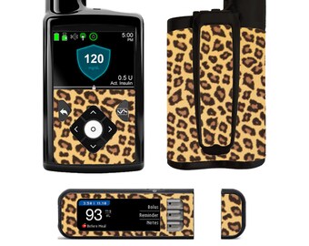 May include: A leopard print skin for a medical device. The device has a screen that displays "120 mg/dL" and "0.5 U Act. Insulin". The skin also has a smaller screen that displays "93 mg/dL" and "Before Meal".