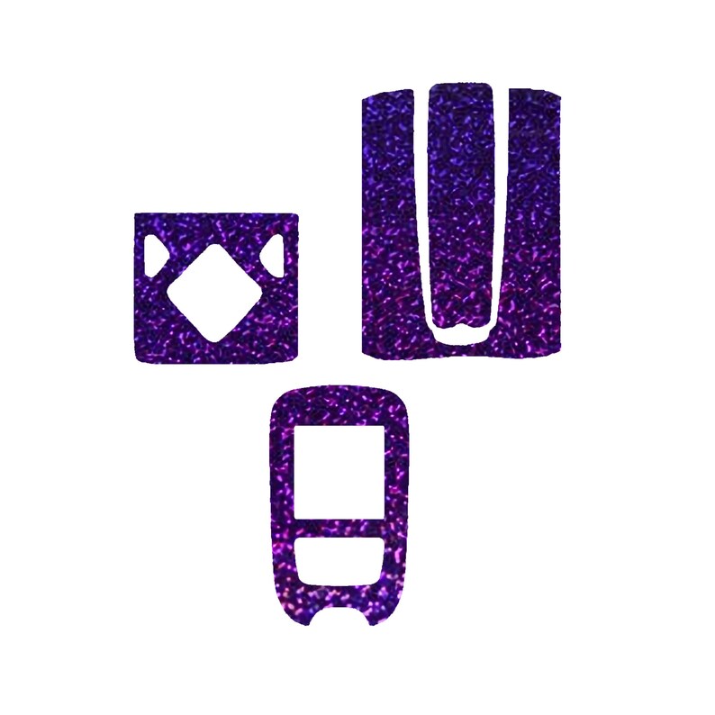 May include: Three purple glitter stickers with different shapes: a rectangle, a square, and a phone. The rectangle has a U-shaped cutout, the square has a diamond shape cutout, and the phone has a rectangular screen and a circular button.