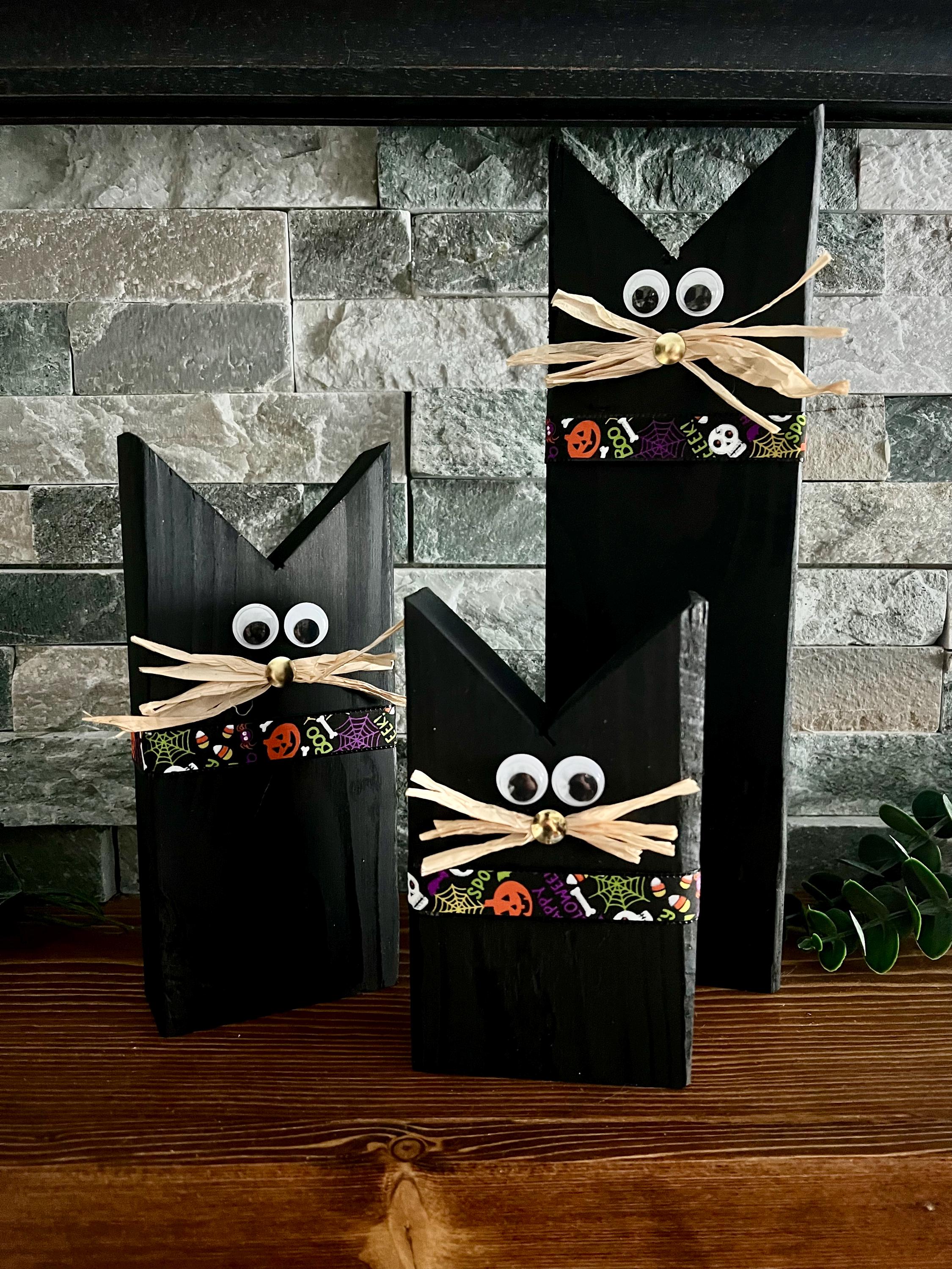Wooden Black Cats (Set of 3).  Halloween Black Cats, Decorative, Rustic, Fall Decor