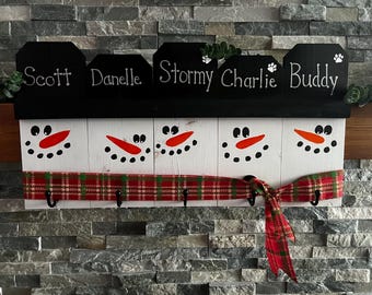 Customizable Snowman Family Christmas Stocking Holder – Handmade Wooden Décor