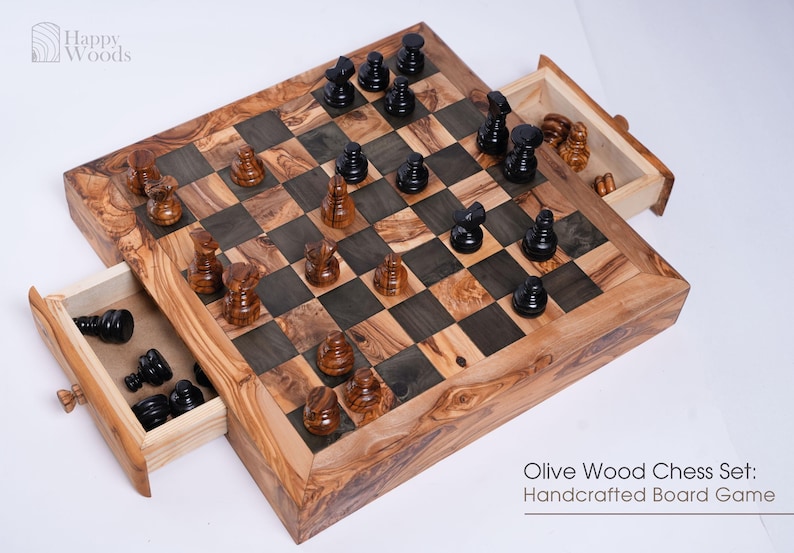 Handmade Olive Wood Chess Set With Storage Personalized Wooden Board Handmade Olive Wood Chess Set With Storage Personalized Wooden Board