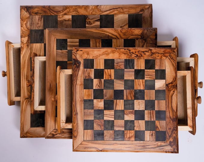 Handmade Olive Wood Chess Set with Storage, Personalized Wooden Board