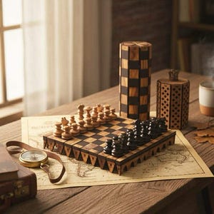 May include: A wooden chess set with black and tan pieces arranged on a checkered board. A cylindrical piece and a decorative container are behind the board. A compass and a book are on the table.