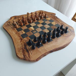 Olive Wood Chess Set with Rough Edges, Wooden Chess Board Handmade, Unique Chess Gifts for Him +FREE Personalization & Wood Finish