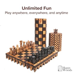 May include: A wooden chess set with a checkered board and chess pieces. The set includes a cylindrical piece and a hexagonal piece with a crown on top. The text reads "Unlimited Fun" and "Play anywhere, everywhere, and anytime."