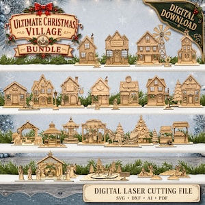 Christmas Village SVG Bundle – Laser Cut Files for Glowforge, Holiday Town Buildings (Digital Download)