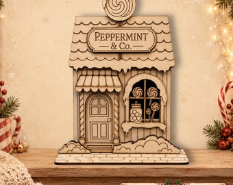 Christmas Candy Shop DIY Kit – Unfinished MDF Christmas Village Facade for Painting