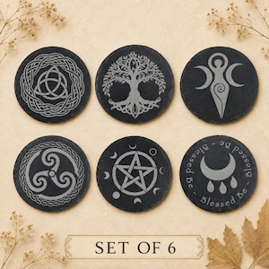 Wiccan Slate Coasters, Set of 6: Laser-Engraved, 4-Inch Round or Square