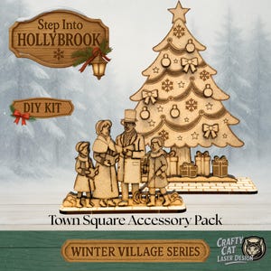 May include: Wooden laser-cut DIY kit featuring a winter village scene. Includes a family, Christmas tree, gifts, and signs that read "Step Into Hollybrook", "DIY Kit", and "Town Square Accessory Pack". Part of the "Winter Village Series".