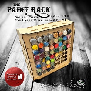 Estante de pintura SVG, archivo cortado a láser para Glowforge, organizador de botellas con gotero SVG, almacenamiento de pintura para 64 botellas, organización de sala de manualidades DIY
