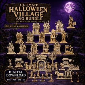 Paquete de archivos SVG de Casa Embrujada, Archivos de Corte Láser de Pueblo de Halloween, 15 Edificios, Cementerio, Descarga Digital